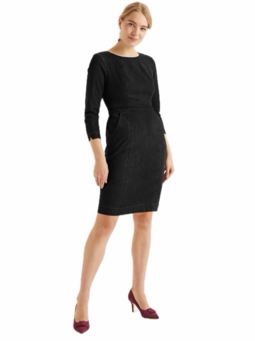 Boden Coraline Black Stretch Denim Mini Sheath Dress With Pockets